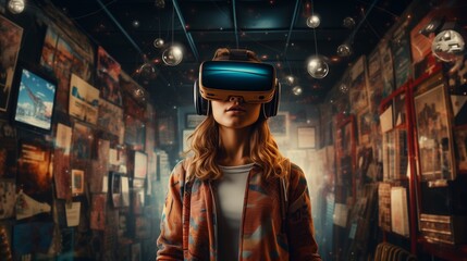 Obraz premium Young woman in a VR headset explores the metaverse's virtual space. Gaming and futuristic entertainment concept