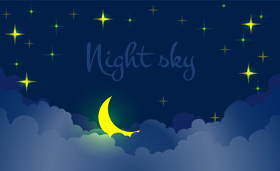 Obraz na płótnie Canvas The night sky with fluffy clouds,bright stars and a sleeping crescent in the spirit of the magic of oriental fairy tales and a dreamy atmosphere.Flat design for wallpaper, postcard.Vector illustration