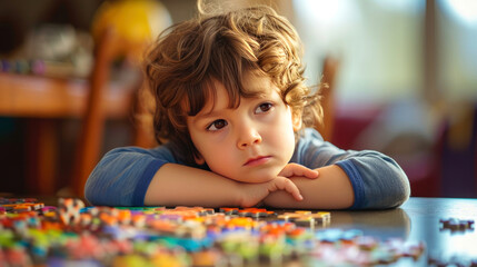 A brooding lonely boy is sitting at a desk with a mountain of pieces of colored puzzles. Behavior of children with autism syndrome - obrazy, fototapety, plakaty