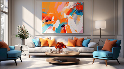 A modern living room filled with bright colors and a strategically placed blank empty white frame, providing a canvas for personal expression and creativity.