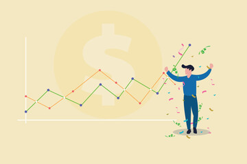 Businessman happy with financial chart with uptrend line graph and numbers in stock market. concept of growth, profit or increase revenue and success