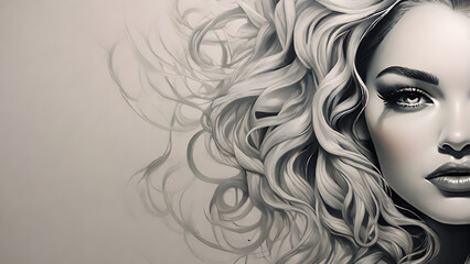 Image of a woman with abundant hair expressed in pencil. generative AI.