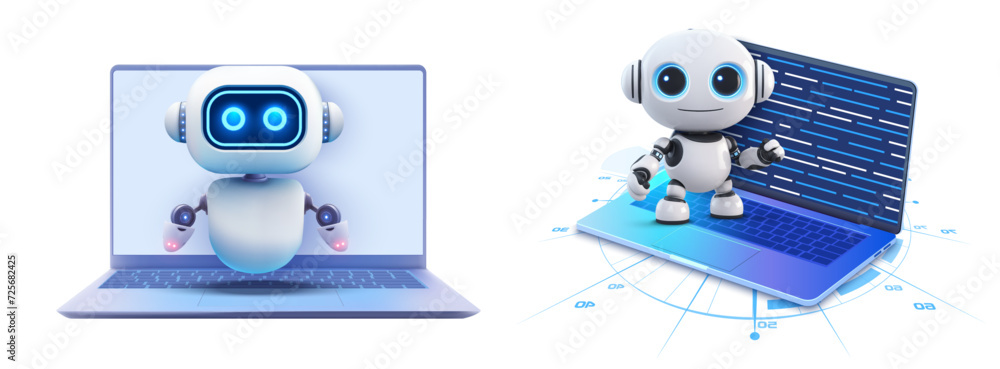 Poster futuristic robot interaction with computer technology concept. 3d illustration of an adorable humano