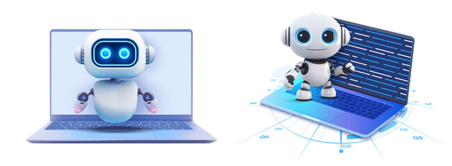 Futuristic Robot Interaction with Computer Technology Concept. 3D illustration of an adorable humanoid robot interacting with a laptop, depicting advanced AI technology. - obrazy, fototapety, plakaty