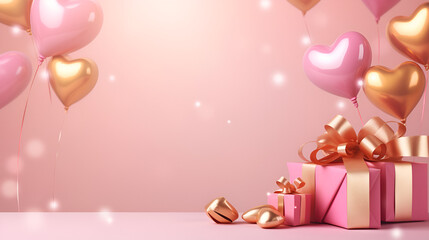 Gifts with red ribbons isolated on pink,  gifts and heart balloons, Generative Ai