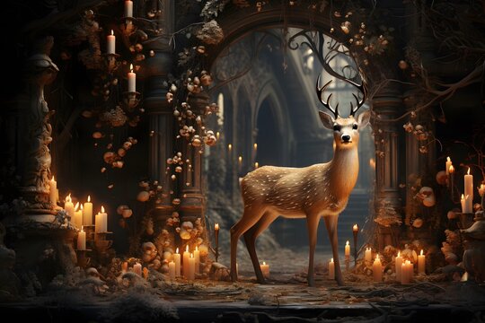 Digital painting of a deer in a christian church with candles and christmas decorations