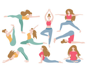 Woman doing yoga poses exercises for mental and physical health flat design vector illustration