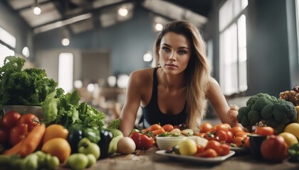 Beauty portrait of a sports woman surrounded by various healthy food lying on the floor. Healthy eat