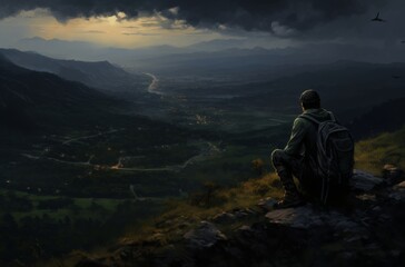 Fototapeta premium A lone figure contemplates the vastness of the world, surrounded by billowing clouds and endless skies, in the midst of an outdoor adventure amidst the rugged beauty of a mountainous landscape