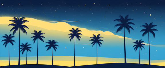 Fototapeta na wymiar illustration of Tropical Palm Trees Silhouetted Against a Starry Twilight Sky