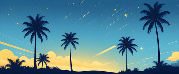 Fototapeta na wymiar illustration of Tropical Palm Trees Silhouetted Against a Starry Twilight Sky