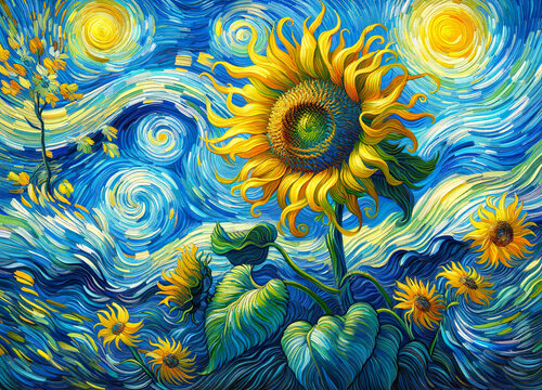 This is a vibrant artwork inspired by Van Gogh's style, featuring swirling patterns and a prominent sunflower.Art concept. AI generated.