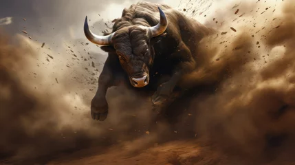 Wall murals Buffalo Photo of angry horned bison buffalo against thick dust background.  