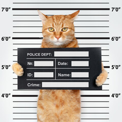 Fluffy young ginger cat stands and holds an advertisement in his paws indoor © Khorzhevska