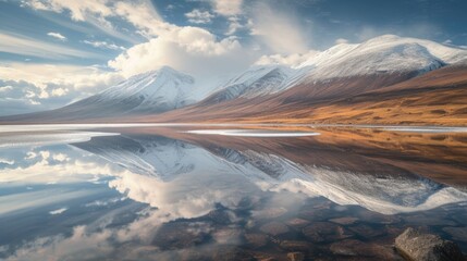 Serene reflection of snow-capped mountains in a tranquil lake