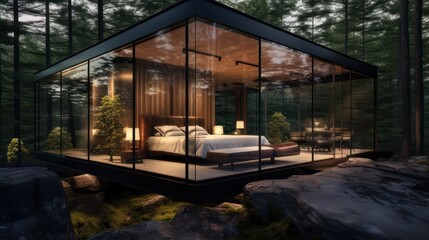 Fototapeta na wymiar Glass cabin outdoors in the forest, with modern and contemporary architecture 