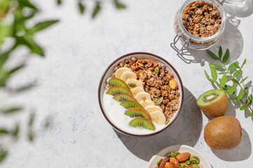 Muesli with yogurt, banana and kiwi on a light  background with shadows and branch.