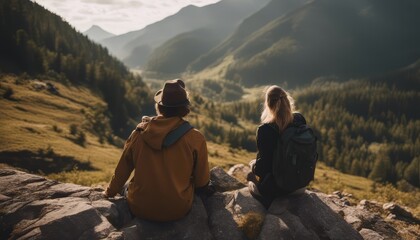 Fototapeta premium Carefree couple enjoys in view while taking break during hiking in nature