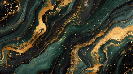 Poster abstract black marble green malachite background with golden veins digital marbling © Jan