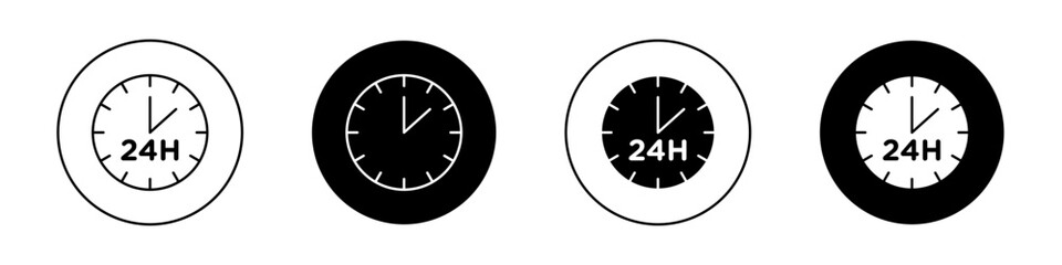 24 Hour time icon set. 24h clock open service vector symbol in a black filled and outlined style. Full Day Anytime service sign.