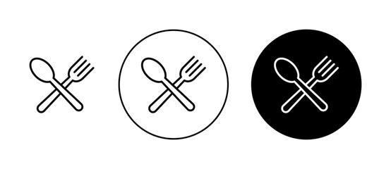 Spoon and fork icon set. Dinner meal plate with fork and spoon vector symbol in a black filled and outlined style. Lunch Cultery sign.
