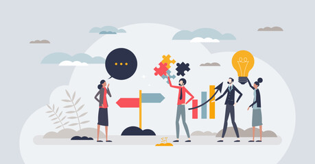 Change management crossroads for business solutions tiny person concept. Strategy for company development and growth with new direction and path vector illustration. Successful direction choice.