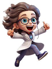 an Excited and Happy Research Scientist Exploring Scientific Frontiers at a Prestigious Research Institute. , 3d, Cartoon Character. Isolated on a Transparent Background. Cutout PNG.