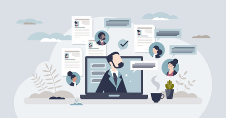 Remote hiring and online job interview with CV research tiny person concept. Human resources work with distant meetings for new employee and personnel vector illustration. Vacancy search strategy. - obrazy, fototapety, plakaty