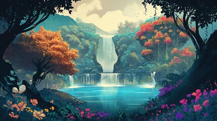 grungy noise texture art, big waterfall in the middle of forest, whimsical fantasy fairytale contemporary creative illustration, Generative Ai