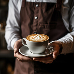 close up view of a male barista's hands with a cup of cappuccino