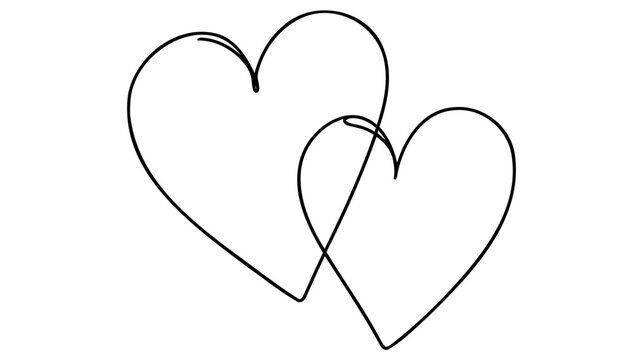 Continuous line drawing of love sign with two hearts embrace minimalism design on white background.