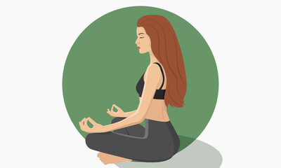 Silhouette of a woman meditating in the lotus position. Redhead. Yoga character in Faceless style. Vector illustration.