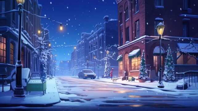 Illustration of a snowy night city street view in winter, with apartment buildings along the road.