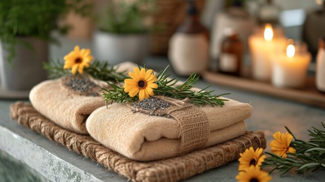 Spa composition in the bathroom with towels and cosmetics. Yellow flowers. Ai created.