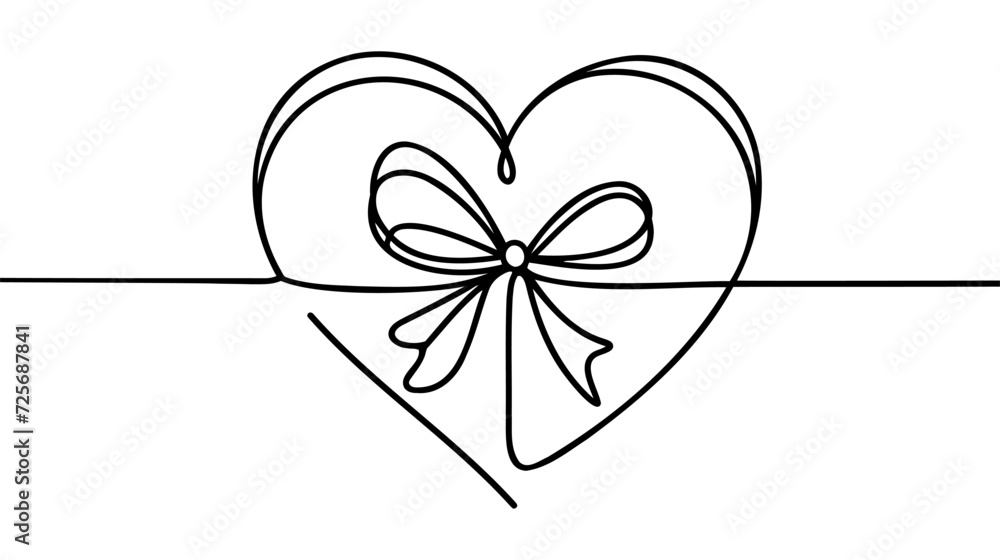 Poster continuous line drawing of heart with ribbon, bow. heart one line icon. one line drawing background.