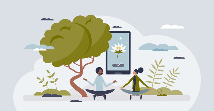 Mindfulness apps for meditation or mental relaxation tiny person concept. Calm breathing music for yoga practice vector illustration. Smartphone program for tranquility training. Application to relax