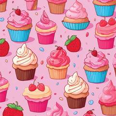Seamless pattern with doodle style cupcakes