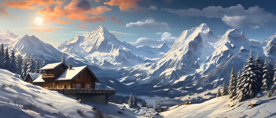 Panoramic view of swiss alps in winter at sunset