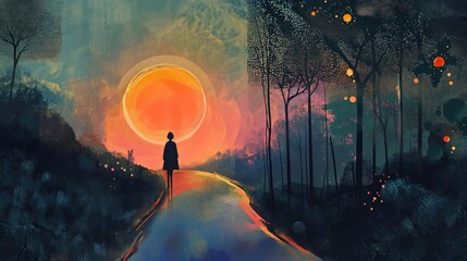 grungy noise texture art, woman walk on countryside road at sunset time , whimsical fantasy fairytale contemporary creative illustration, Generative Ai