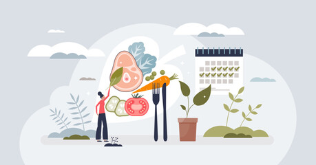 Organic meal plans with healthy eating menu planning tiny person concept. Dieting management with scheduled food preparation using fresh, nutritious and dietary ingredients vector illustration.