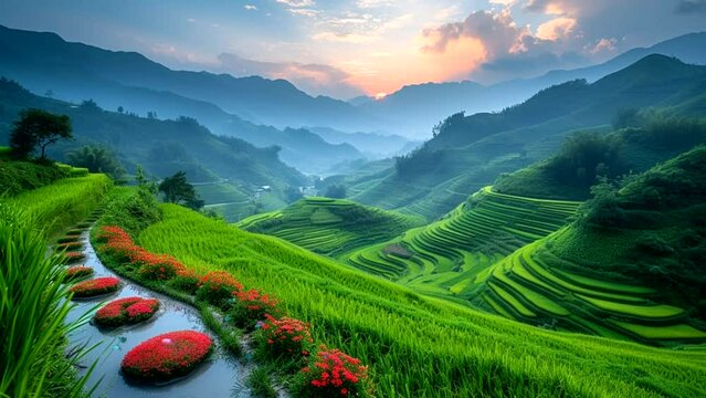  A view of green hills, with rice paddies neatly arranged like choppy steps. Following each other and the blue sky above, the white clouds, the birds flying.at sunrise Seamless looping time-lapse 4k a