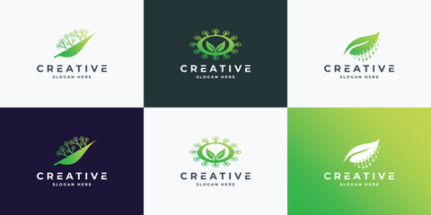 Set of Leaf tree logo design template with technology logo graphic design vector illustration.