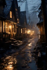 Old european houses at night in winter. Long exposure.