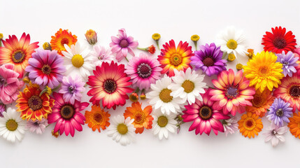 A delightful border of multicolored daisies against a pristine white background