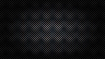 Carbon background wide. Realistic fiber texture. Dark futuristic backdrop with shadow. Metal cells design. Black composite material. Modern technology wallpaper. Vector illustration.