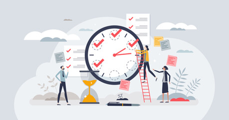 Quick tasks as effective and fast work schedule plan tiny person concept. Clock with hourly deadline for little goals vector illustration. Productive process management with short priority steps. - obrazy, fototapety, plakaty