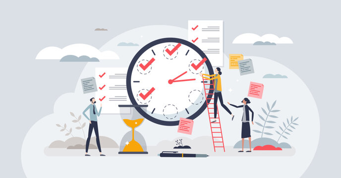 Quick tasks as effective and fast work schedule plan tiny person concept. Clock with hourly deadline for little goals vector illustration. Productive process management with short priority steps.