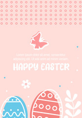 Happy Easter. Greeting card, poster with Easter eggs, spring flowers, geometric elements. Easter floral backgrounds with copy space for text