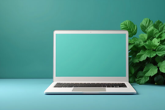 Blank green screen laptop mockup on blue background with some objects, Realistic 3D and High-Quality Render