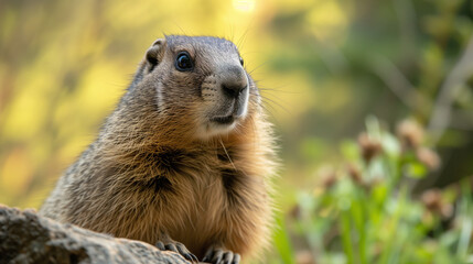 Naklejka na ściany i meble adorable marmot with curious gaze and furry features. Charm of this cute creature in stunning detail, early spring time, snow, sun and first green sprouts
